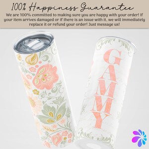 May include: Two stainless steel tumblers with lids. One tumbler features a floral pattern in shades of pink, green, and gold. The other tumbler has the word "GAMMY" written vertically in pink letters.