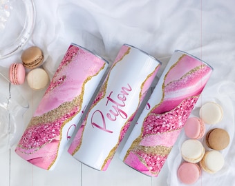 Personalized Agate Marble Tumbler with Name, Custom Marble Name Tumbler with Lid and Straw,  Bridesmaid Tumbler with Straw, Bridesmaid Gift