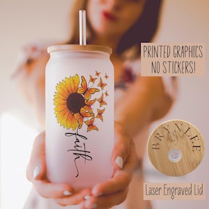 Christian Iced Coffee Cup, Sunflower Faith Glass Tumbler, Iced Coffee Glass with Lid and Straw,  Bible Verses Glass Cup, Libbey Glass
