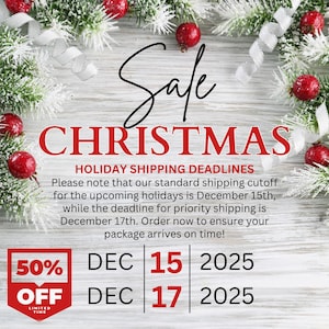 The image is a promotional advertisement for a Christmas sale, featuring a festive background with Christmas ornaments and pine branches. The text announces a holiday shipping cutoff for the upcoming holidays, with a specific date and time for the cutoff.