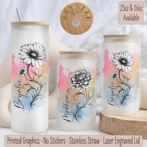 Personalized Birth Flower Iced Coffee Cup, Custom Birth Month Flower Iced Coffee Glass Gift For Mom, Bridesmaid Proposal Glass Tumbler