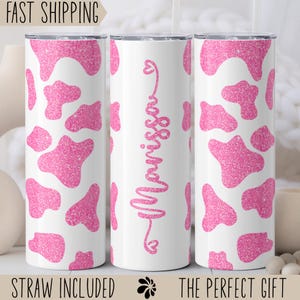 Personalized Cow Print Tumbler, Custom Pink Glitter Cow Print Travel Mug, Cute Cowhide Cup, Cute Glitter Western Tumbler with Straw