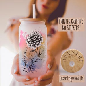 Personalized Birth Flower Iced Coffee Cup, Custom Birth Month Flower Iced Coffee Glass Gift For Mom, Bridesmaid Proposal Glass Tumbler