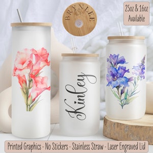 Birth Flower Iced Coffee Glass - Bridesmaid Proposal Glass Tumbler, Personalized Iced Coffee Cup, Unique Bridesmaid Gifts, Bachelorette Gift