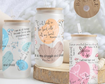 Christian Affirmation Iced Coffee Cup, Bible Verse Iced Coffee Glass, Beer Can Glass with Lid and Straw,  Bible Verses Glass Tumbler Gift