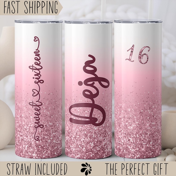 16th Birthday Tumbler With Straw, 16th Milestone Birthday Gift, Personalized 16th Birthday Girl Gift, Ombre Chunky Pink Glitter Tumbler
