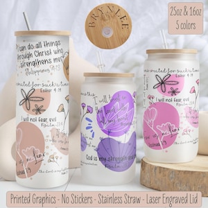 Christian Affirmation Iced Coffee Cup, Bible Verse Glass Tumbler, Beer Can Glass with Lid and Straw,  Bible Verses Glass Cup Christian Gift