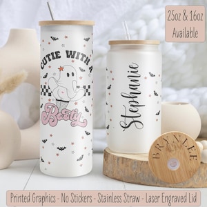Personalized Cute Ghost Glass Coffee Cup, Custom Halloween Ghost Glass Tumbler, Cute Ghost Coffee Cup, Spooky Season Iced Coffee Glass, Fall