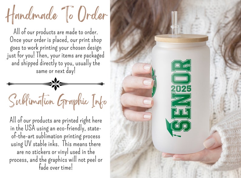 a woman holding a white coffee cup with green lettering
