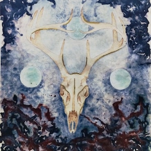 Triple Moon Skull and Gold Leaf Nihonga Print
