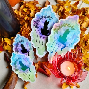 Black Cat, Crescent Moon, Stars and Flowers Sticker