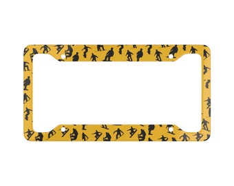 Yellow Snowboarder License Plate Frame: Aluminum Car Accessory