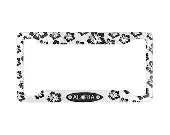 Aloha Hibiscus License Plate Frame: Black & White Hawaiian Flower