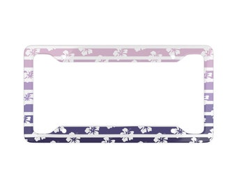 Hibiscus Flower License Plate Frame: Purple Sunset Hawaiian Surfer Style
