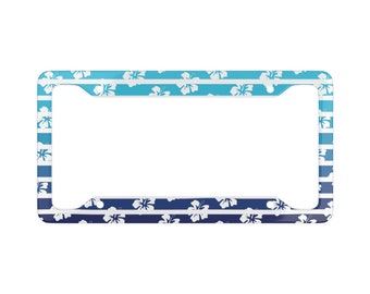 Hibiscus Flower License Plate Frame: Blue Rainbow Hawaiian Style