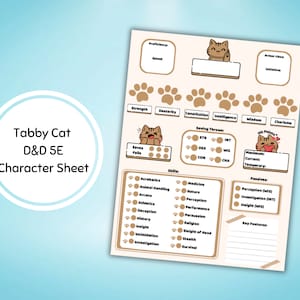 DnD character sheet digital or printable tabby cat theme 5e with spells, attacks, inventory