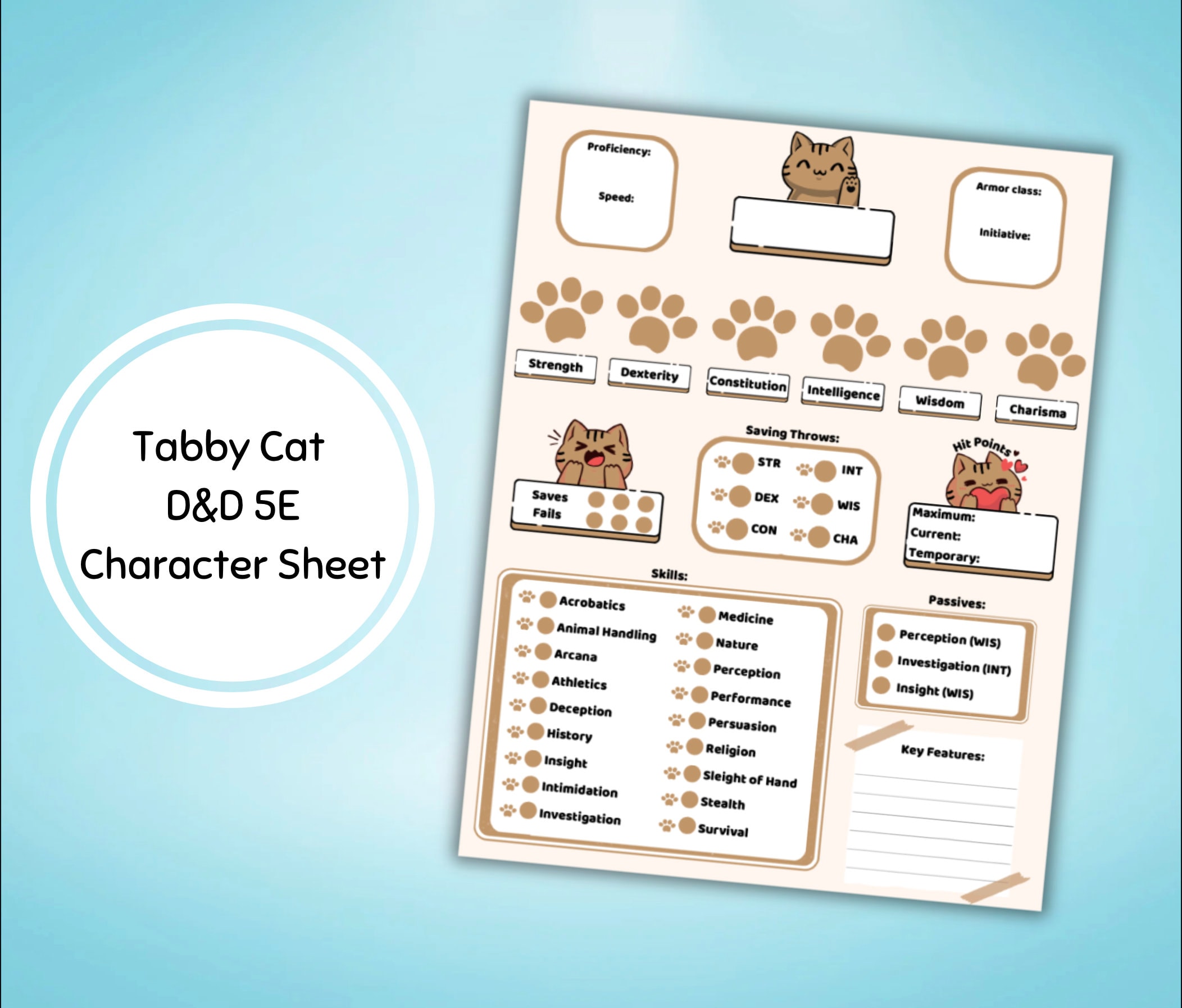 Dnd Character Sheet Digital or Printable Tabby Cat Theme 5e With Spells ...