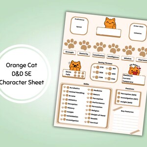 DnD Character Sheet digital or printable pdf for dungeons and dragons 5e orange cat theme player character template