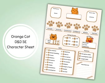 DnD Character Sheet digital or printable pdf for dungeons and dragons 5e orange cat theme player character template