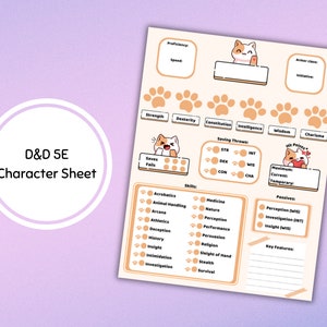 Calico Cat DnD 5e Digital or Printable Character Sheet, Spell Sheet, Personalized Character Sheet, D&D Character Sheet