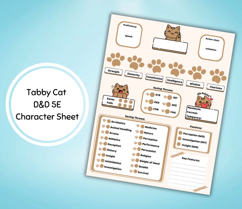 Dnd Character Sheet Digital or Printable Tabby Cat Theme 5e - Etsy
