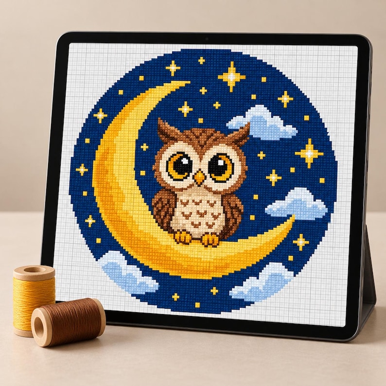Owl on Crescent Moon Cross Stitch Pattern • Starry Night Nursery ...