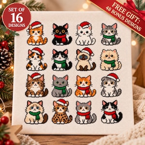 May include: A cross-stitch pattern on white fabric featuring a grid of 16 distinct cat designs. Each cat is depicted in a cartoon style, wearing either a red Santa hat or a red or green scarf. The text "SET OF 16 DESIGNS" and "FREE GIFT: 48 BONUS DESIGNS" is visible.