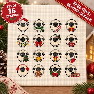 May include: A cross-stitch pattern on cream fabric featuring sixteen individual sheep designs with holiday themes, including a Santa hat, green scarf, candy cane, gift, string lights, red bow, holly, mug, tree, star, bell, stocking, earmuffs, gingerbread, wreath, and sled.