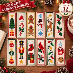 Puede incluir: Un conjunto de 12 marcapáginas rectangulares con diseños navideños en punto de cruz, incluyendo un árbol, bastón de caramelo, hombres de jengibre, muñeco de nieve, reno, acebo, adornos, cascanueces, calcetín, cardenal, luces y chocolate.