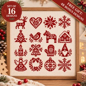 Könnte beinhalten: Ein Kreuzstichmuster mit 16 roten weihnachtlichen Motiven auf cremefarbenem Stoff, darunter ein Rentier, Herz, Schneeflocken, Baum, Vogel, Pferd, Haus, Kerze, Glocke, Fäustling, Wichtel, Engel, Kranz und eine Weihnachtskugel.