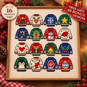Op de afbeelding: Een kruissteekpatroon met 16 individuele kersttrui-ontwerpen gerangschikt in een raster. De truien tonen diverse feestelijke motieven, waaronder een boom, rendier, sneeuwvlok, ster, zuurstok, peperkoekmannetje, sneeuwman, kerstmuts, hart, cadeau, bel, hulst, pinguïn, kerstsok, want en kerstbal.