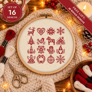 16 Mini Nordische Weihnachtsmotive Kreuzstichvorlagen PDF • Skandinavische Stickmuster in Rot • Digitaler Download