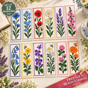 May include: A set of 12 rectangular bookmarks featuring cross-stitch style floral designs. Each bookmark displays a different flower, including poppies, daisies, lavender, and foxgloves, with colorful borders. Text on the image reads SET OF 12 BOOKMARKS and FREE GIFT: 48 BONUS DESIGNS.