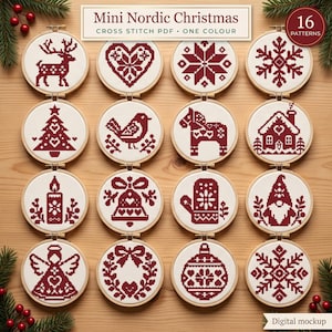 16 Mini Nordic Christmas Cross Stitch Patterns • Redwork Sampler (PDF Download)