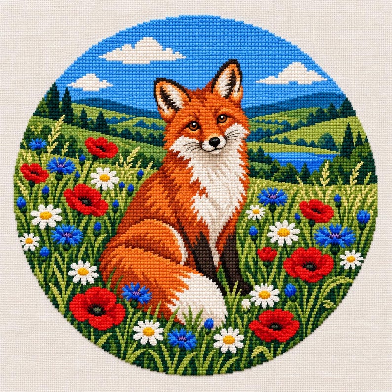 Red Fox Cross Stitch Pattern • Wildflower Meadow Embroidery Chart (PDF ...