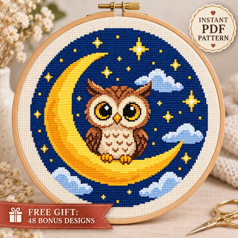 Owl on Crescent Moon Cross Stitch Pattern • Starry Night Nursery ...