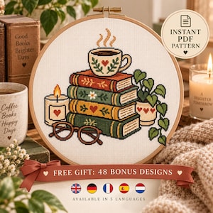 Cozy Reading Cross Stitch Pattern, Book Stack Coffee Embroidery Chart (Digital Download)