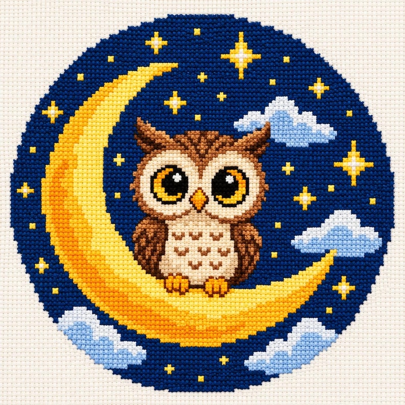 Owl on Crescent Moon Cross Stitch Pattern • Starry Night Nursery ...