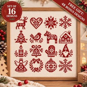 16 Mini Nordic Christmas Cross Stitch Patterns • Redwork Sampler (PDF Download)