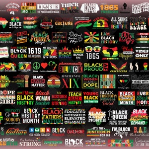 May include: A selection of graphic designs with text related to Black history, Juneteenth, and Black culture. The designs feature various fonts, colours, and imagery, including maps of Africa, fists, and the Black Lives Matter fist.