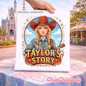 May include: A white t-shirt featuring a graphic illustration of a blonde person with braided hair wearing a red cowboy hat and a blue denim shirt with floral details. The person holds a guitar. The text reads TAYLOR'S STORY in yellow letters.