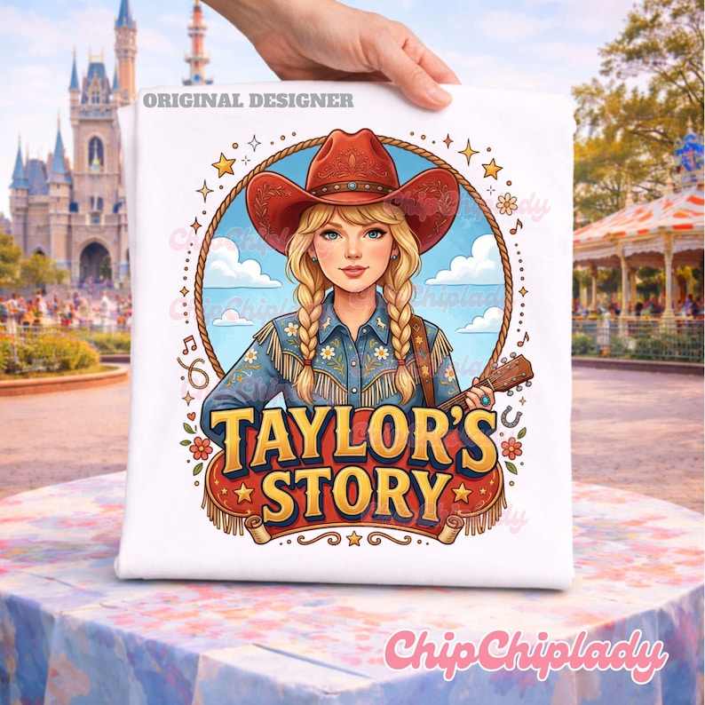 May include: A white t-shirt featuring a graphic illustration of a blonde person with braided hair wearing a red cowboy hat and a blue denim shirt with floral details. The person holds a guitar. The text reads TAYLOR'S STORY in yellow letters.