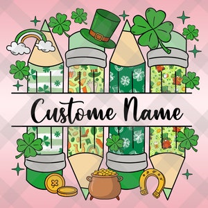 May include: A green, white, and gold pencil design with a shamrock, leprechaun hat, rainbow, and pot of gold. The text "Custom Name" is in the center of the design.