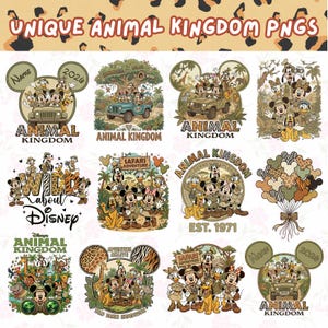 May include: A collection of Disney's Animal Kingdom PNGs. The designs feature Mickey Mouse, Donald Duck, and other characters in safari-themed settings. The text includes "Unique Animal Kingdom PNGs", "Animal Kingdom", and "Wild About Disney".
