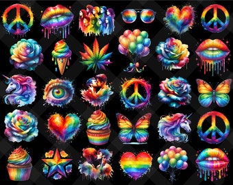 May include: A collection of 30 colorful, watercolor-style illustrations featuring various symbols, objects, and designs. The illustrations include a peace sign, a rainbow heart, a unicorn, a butterfly, a rose, a cupcake, a marijuana leaf, a rainbow eye, a rainbow lips, and a balloon bouquet.
