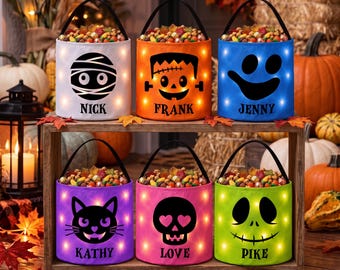 Personalized Halloween Candy Bag With LED Light For Kids, Custom Name Pumpkin Trick or Treat Bag, Spooky Light Up Halloween Basket Gift