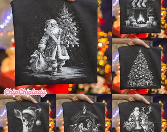 May include: Black sweatshirt with a white illustration of Santa Claus carrying a sack and a Christmas tree. The design is detailed with shading and highlights, creating a vintage, hand-drawn aesthetic. The sweatshirt is held up by a hand.