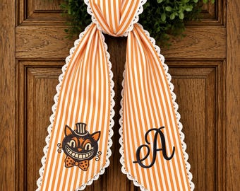 Personalized Halloween Wreath Sash, Embroidered Vintage Black Cat Bow, Monogram Front Door Decor, Custom Fall Wreath Ribbon Gift