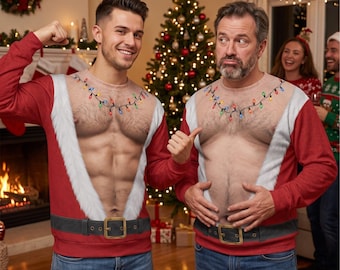 Funny Hairy Chest Ugly Christmas Sweater, Fake Abs Santa Holiday Party Sweatshirt, Hilarious Novelty Christmas Pullover for Men, Xmas Gift
