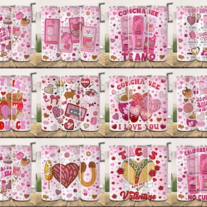 Pacote de copos Conchas Valentine PNG, copo fino mexicano Valentine 20oz, Concha I Love You, Concha Valentine's Day, Spanish Valentine